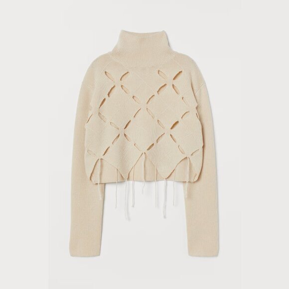 H&M Cashmere-blend Cream Cut-Out Cropped Turtleneck Sweater Ext-Long Sleeve SzXL - Picture 7 of 7
